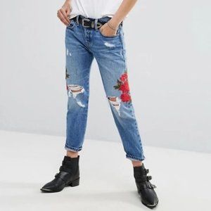 Levi's Blue Floral Embroidered Cropped Jeans